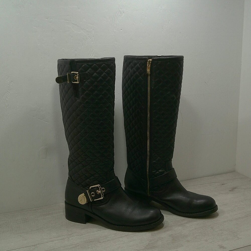 Vince Camuto Wenters Quilted Black Leather Tall Riding Boots Full Zip Size 7.5 B